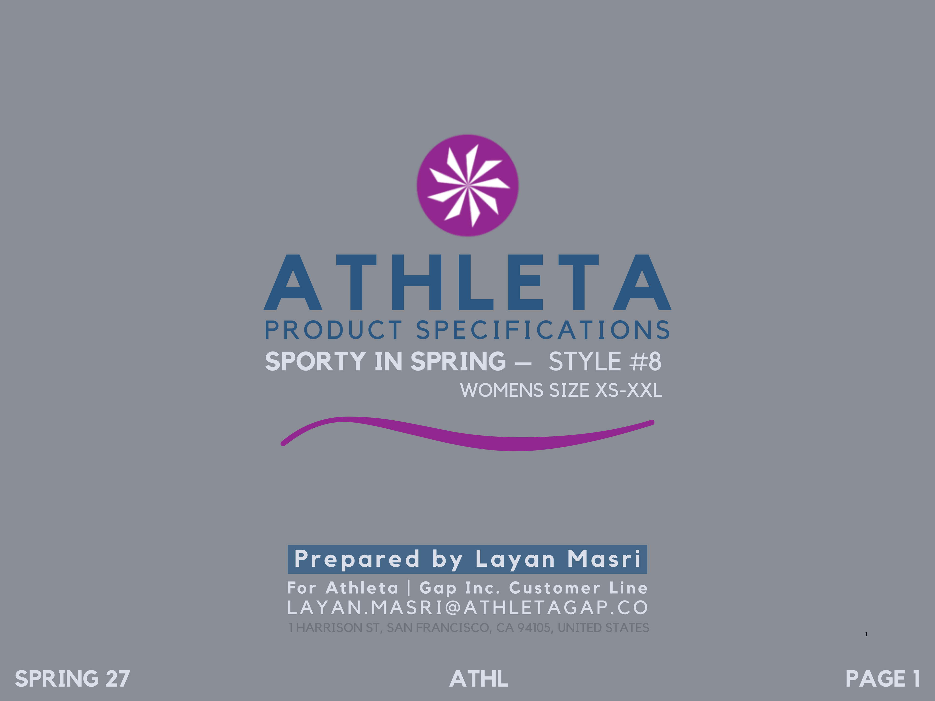 Athleta product specifications document with logo and text on a gray background